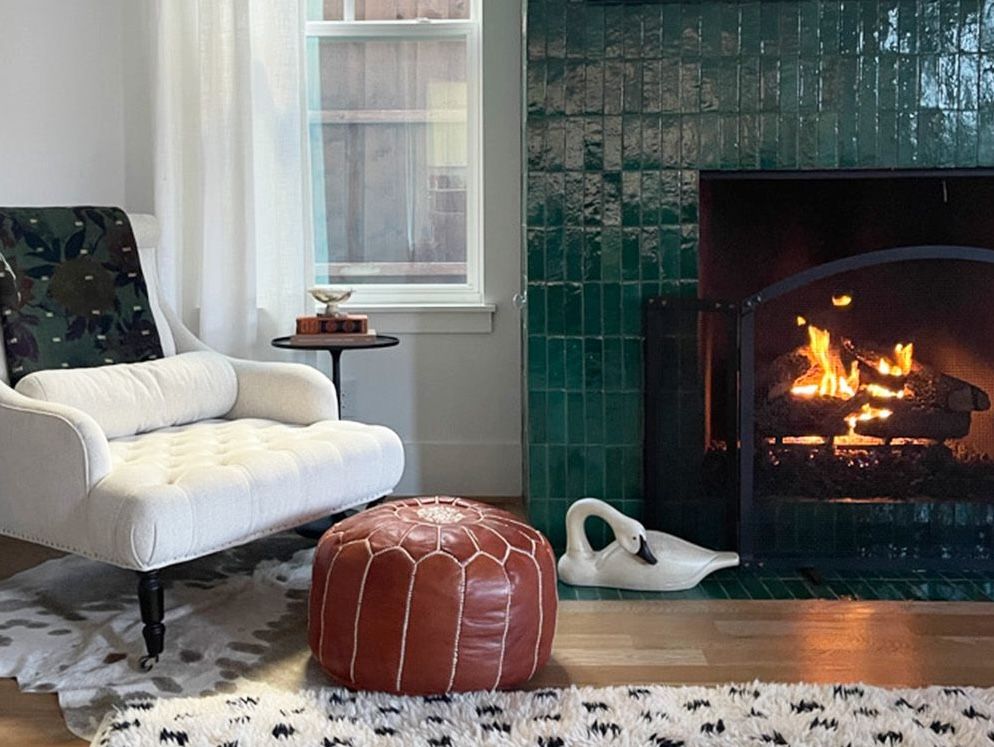 fireplace with green zellige tile