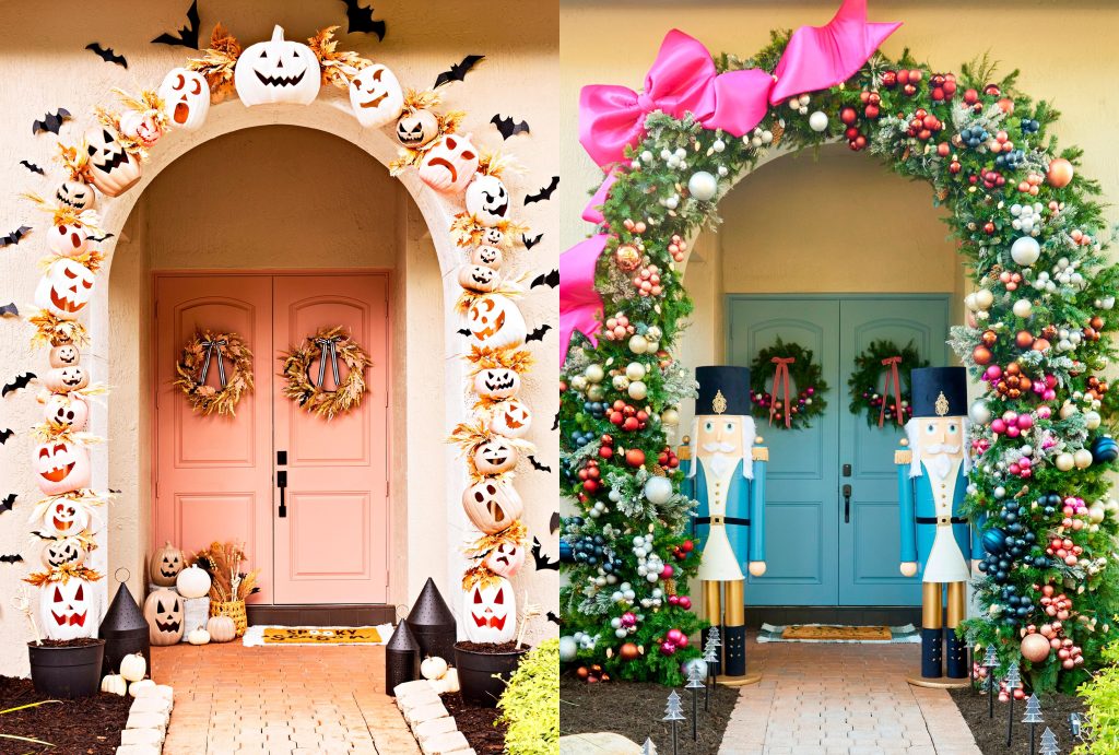 Two decorated doorways one decorated with Halloween pumpkins and bats the other with Christmas ornaments and nutcrackers