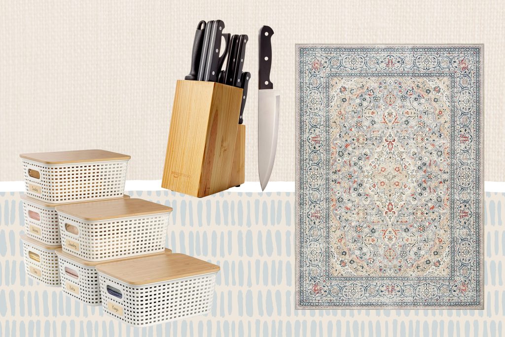 A collection of products including a knife set in a block, stackable storage bins, and a patterned area rug