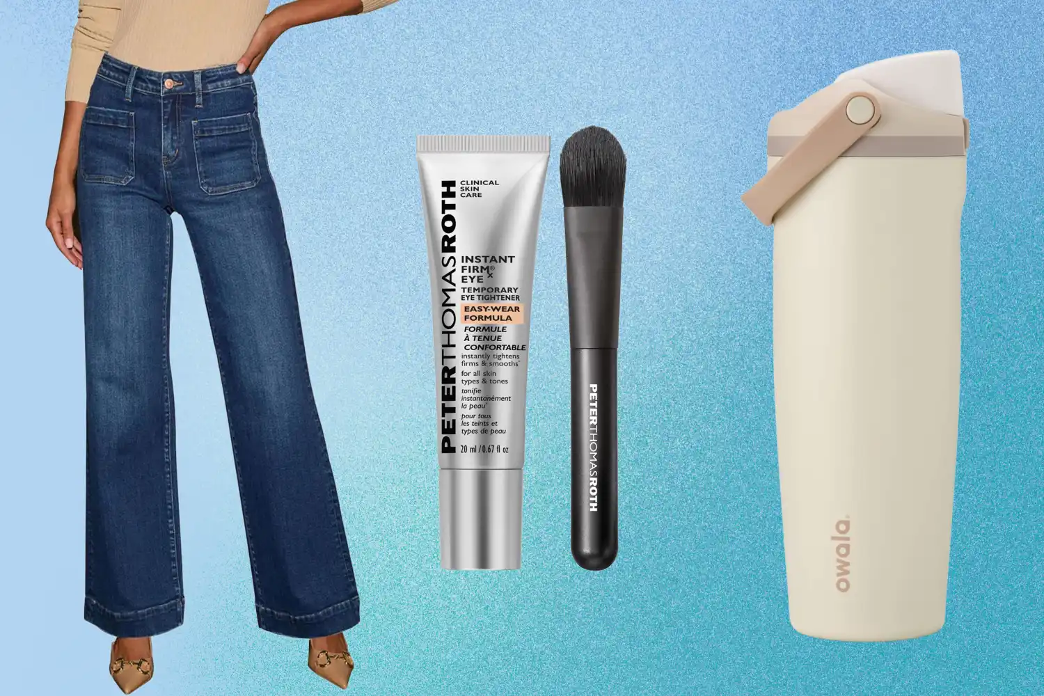 KUNMI Wide Leg Jeans, Peter Thomas Roth Instant FIRMx Eye Temporary Eye Tightener and Owala FreeSip Sway on a blue background
