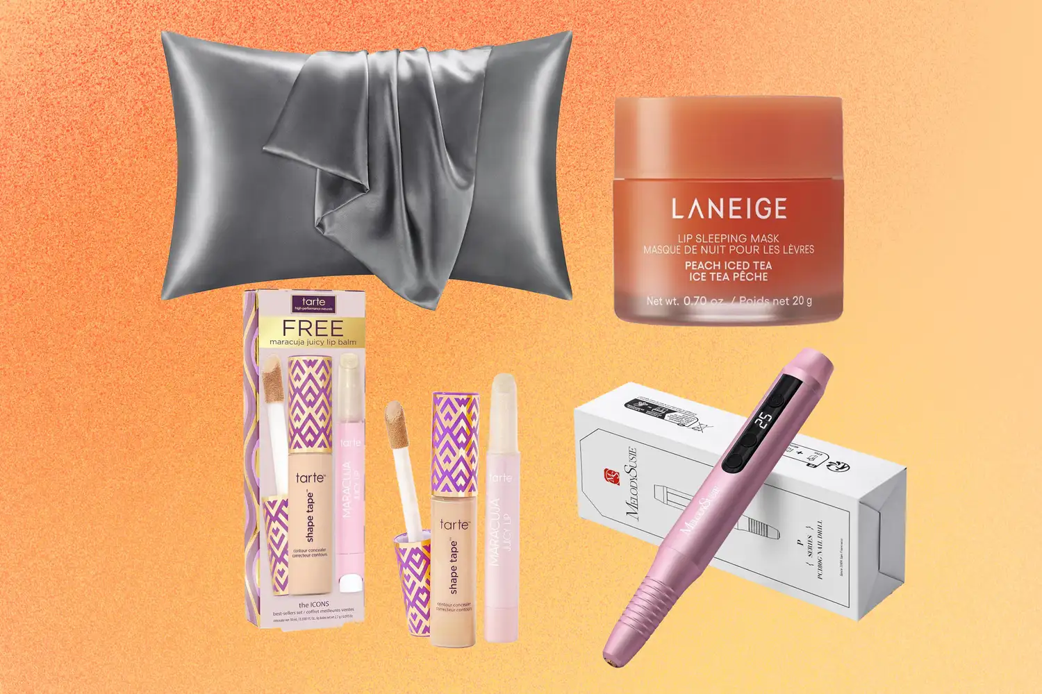 A collection of beauty and skincare products arranged on an orange background