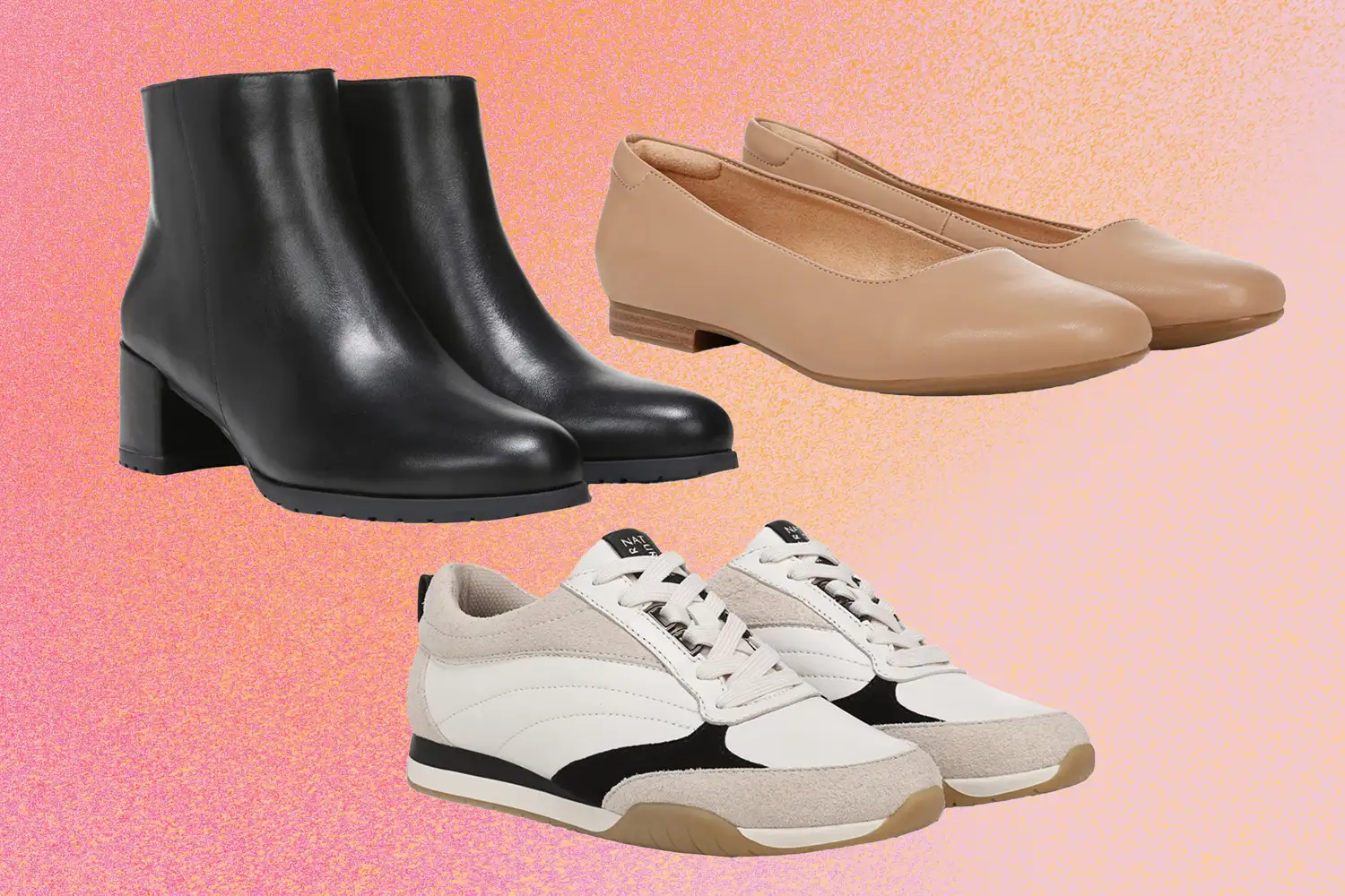 Black boots beige flats and white sneakers displayed on a gradient background