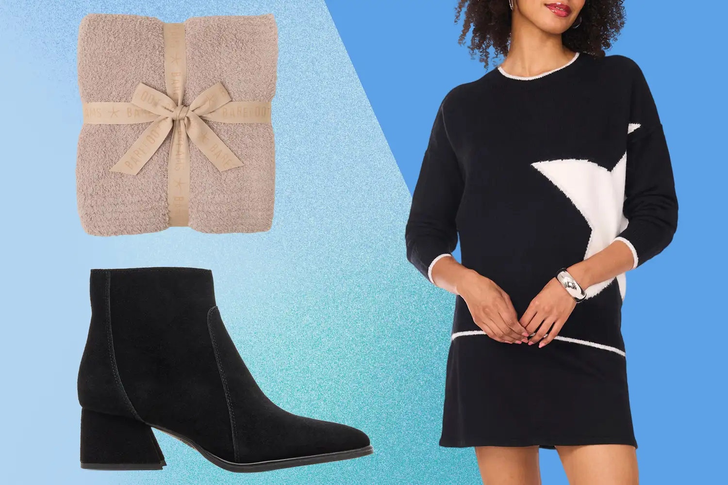 Barefoot Dreams CozyChic Throw Blanket, Blondo Marcie Waterproof Bootie and Vince Camuto Star Detail Crewneck Sweater on a blue background