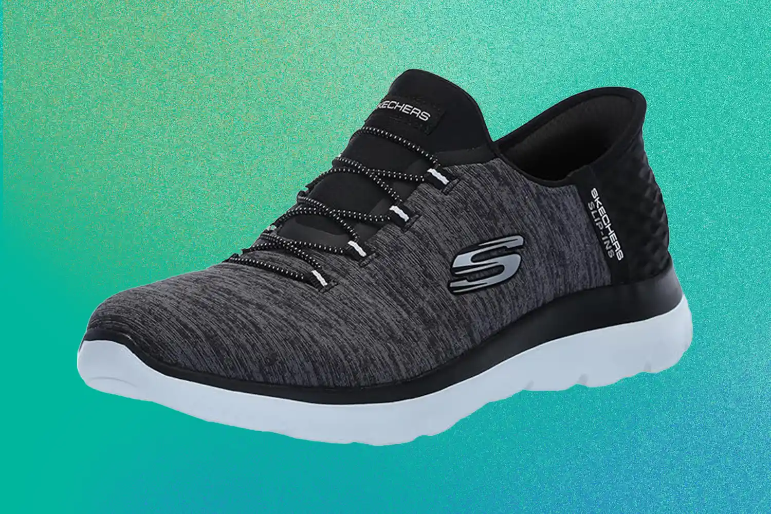 Skechers slipon sneaker with a thick white sole and dark upper
