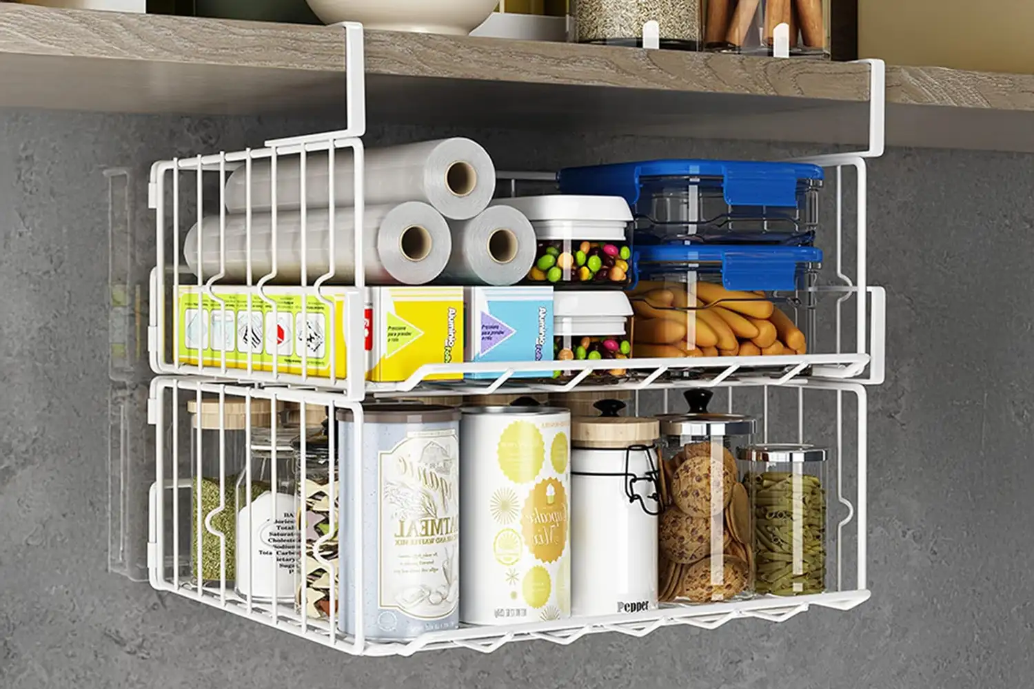 Organized pantry storage with various items placed on a wire rack