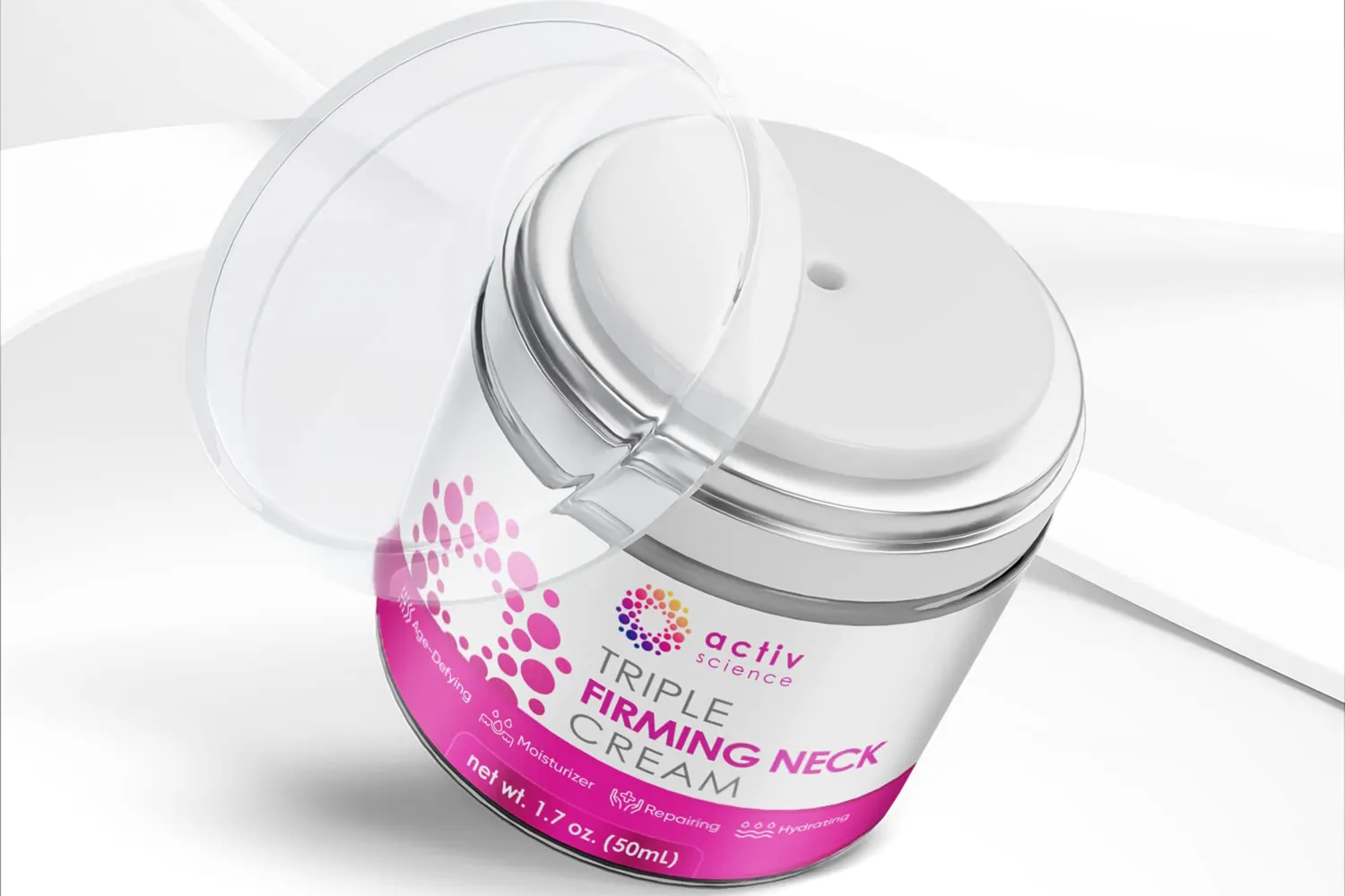 A jar of Activ Science Triple Firming Neck Cream with its lid slightly open