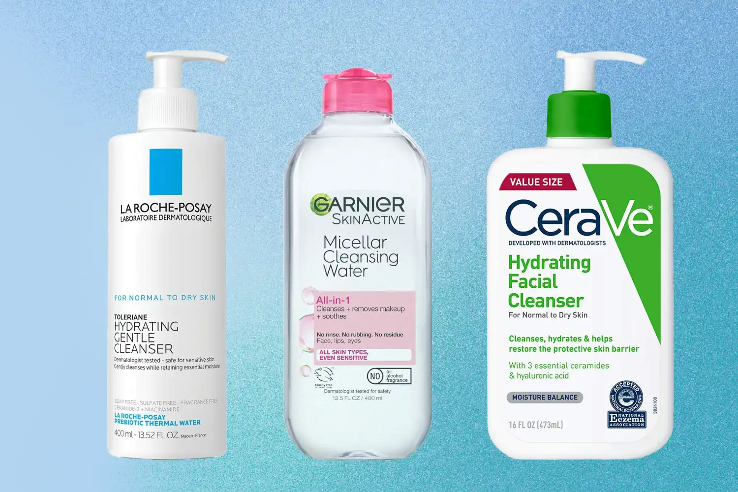 Three skin care products displayed including La RochePosay Hydrating Gentle Cleanser Garnier Micellar Cleansing Water and CeraVe Hydrating Facial Cleanser