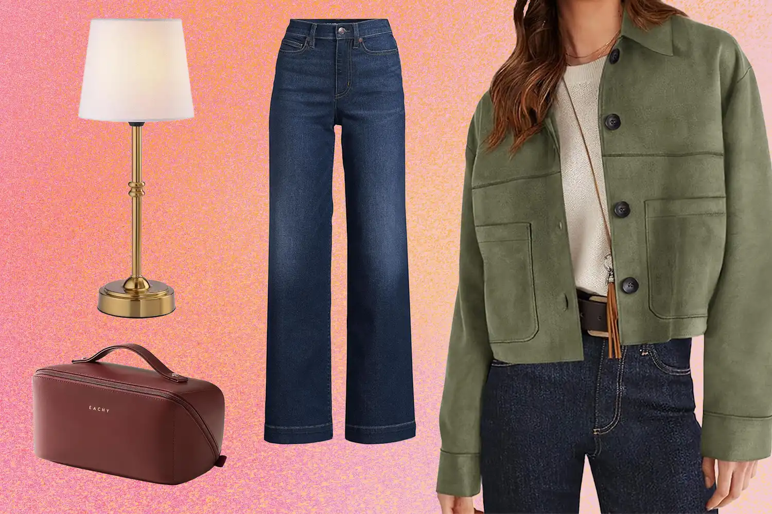 A collage showing a brass table lamp blue denim pants a green jacket and a brown leather travel bag