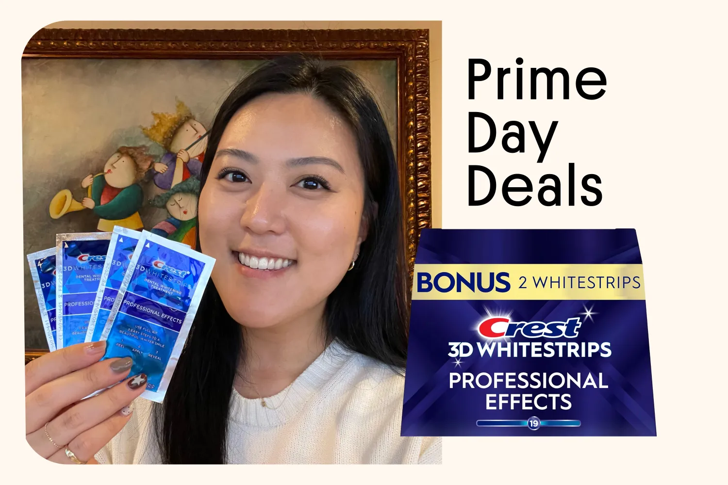 A person holding Crest 3D Whitestrips packets next to a promotion for Prime Day deals and the product