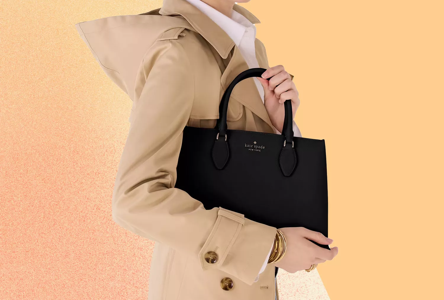 Kate Spade Rae Medium Satchel in models hands on orange grainy gradient template