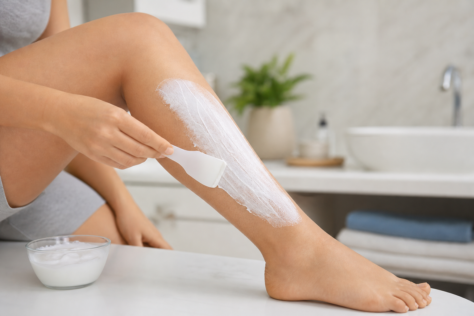 Applying an even layer of sensitive skin hair removal cream to the leg