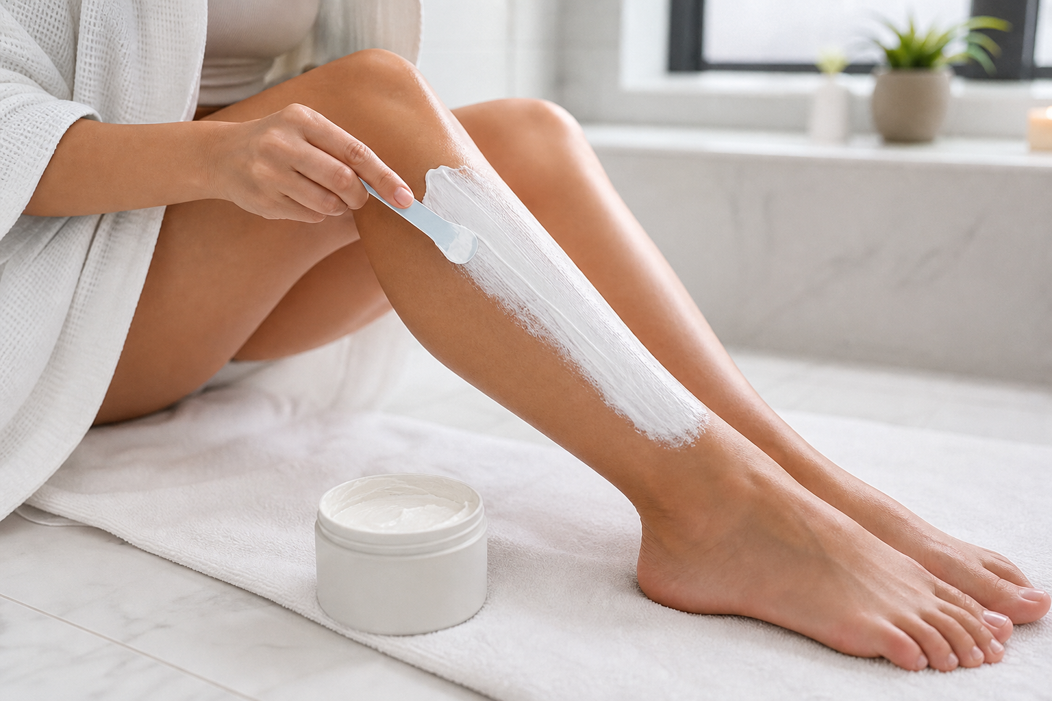 Even layer of hair removal cream applied to a lower leg for sensitive skin