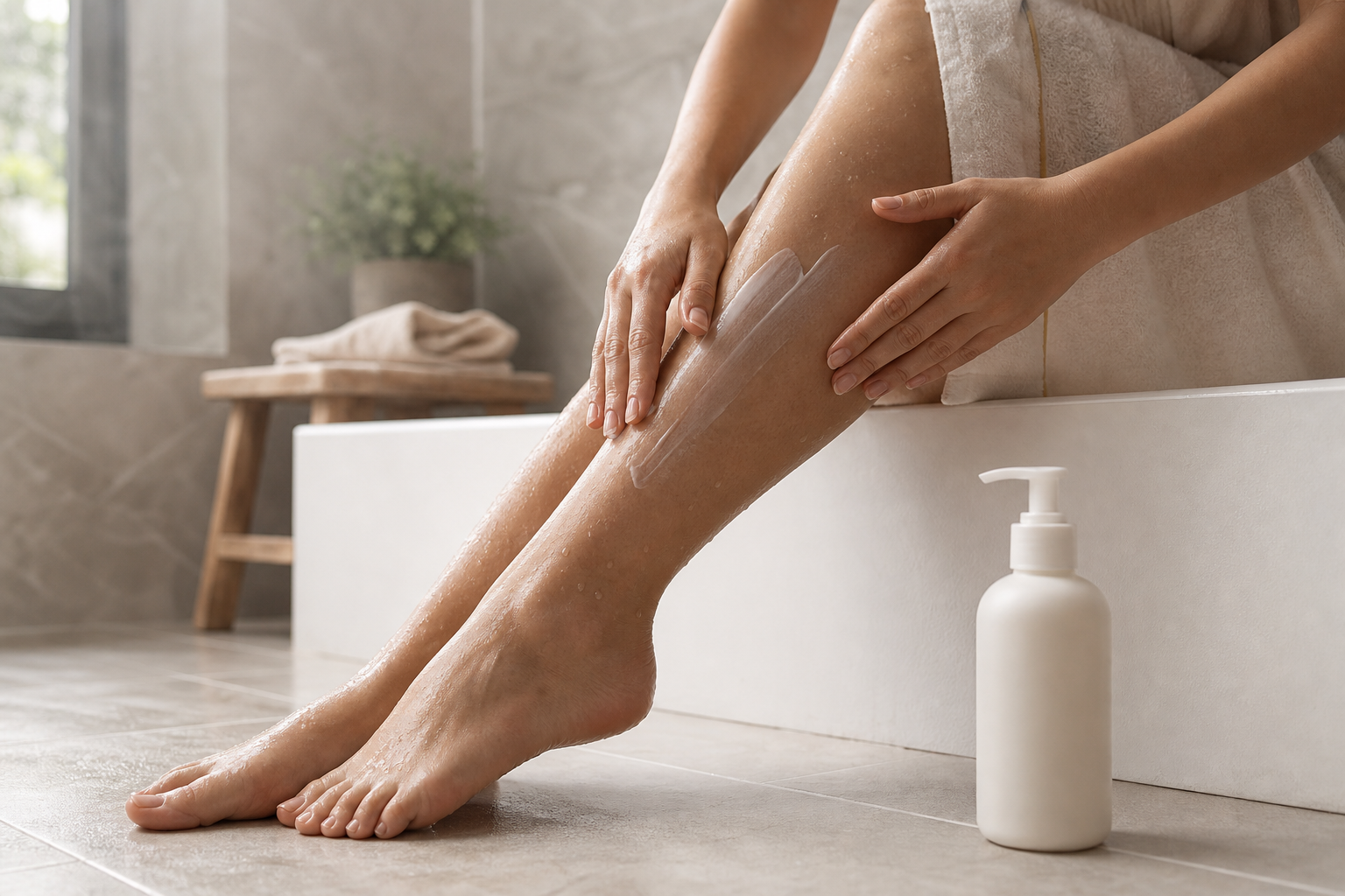 Person applying sensitive skin lotion to damp legs after showering