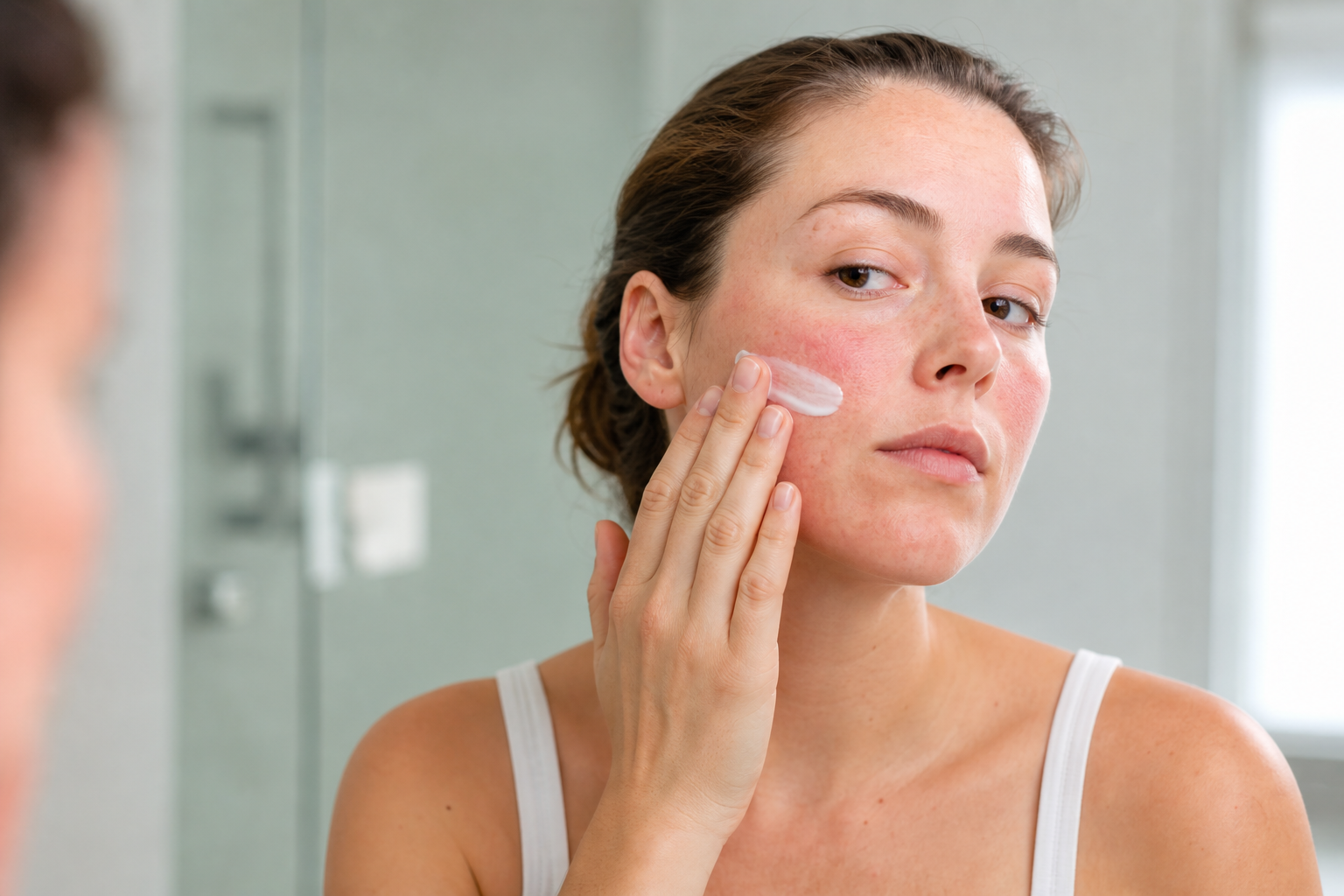 Person applying barrier moisturizer to mildly red sensitive skin