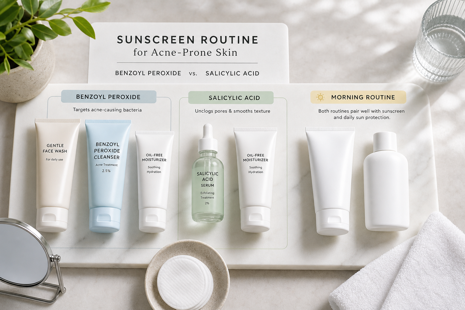 benzoyl peroxide vs salicylic acid for face acne routine products on a clean counter
