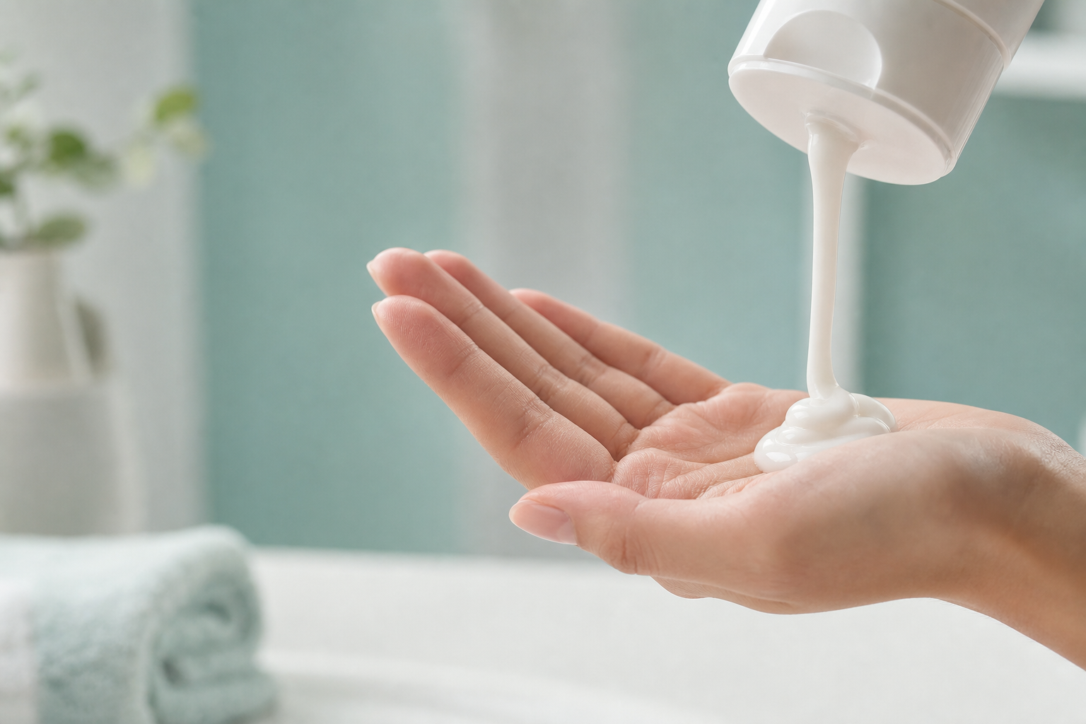 A close up of a creamy white sensitive skin face wash on a hand