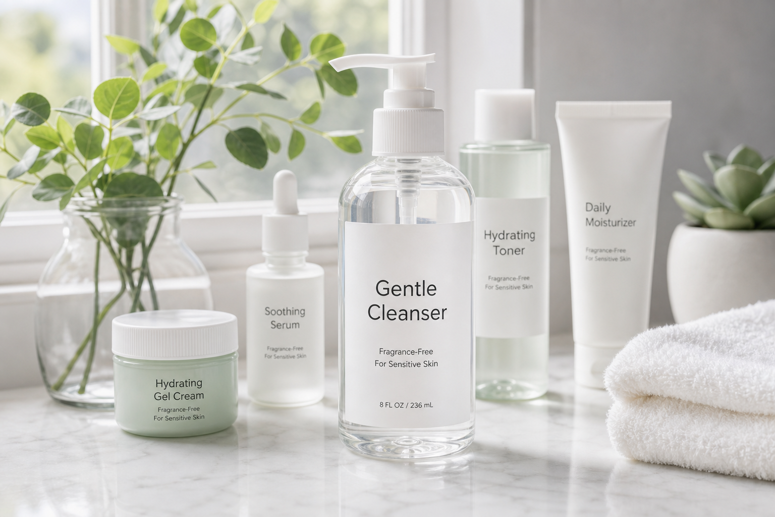 A collection of sensitive skin face wash and moisturizer products on a vanity