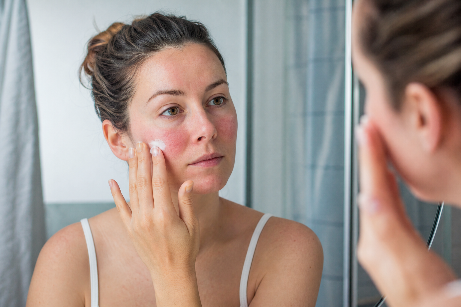 Person applying moisturizer to mildly red sensitive skin