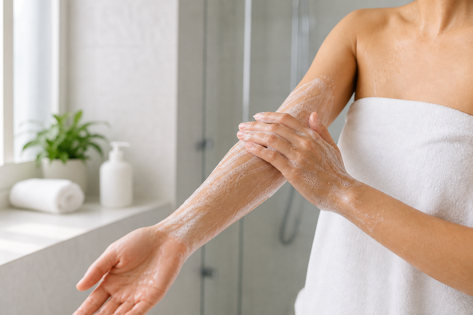 Person gently applying sensitive skin body wash to wet forearm without scrubbing