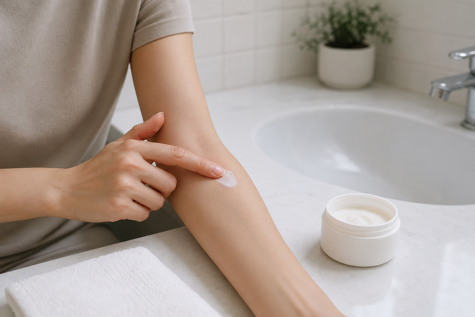 Person patch testing a sensitive skin moisturizer on the inner forearm