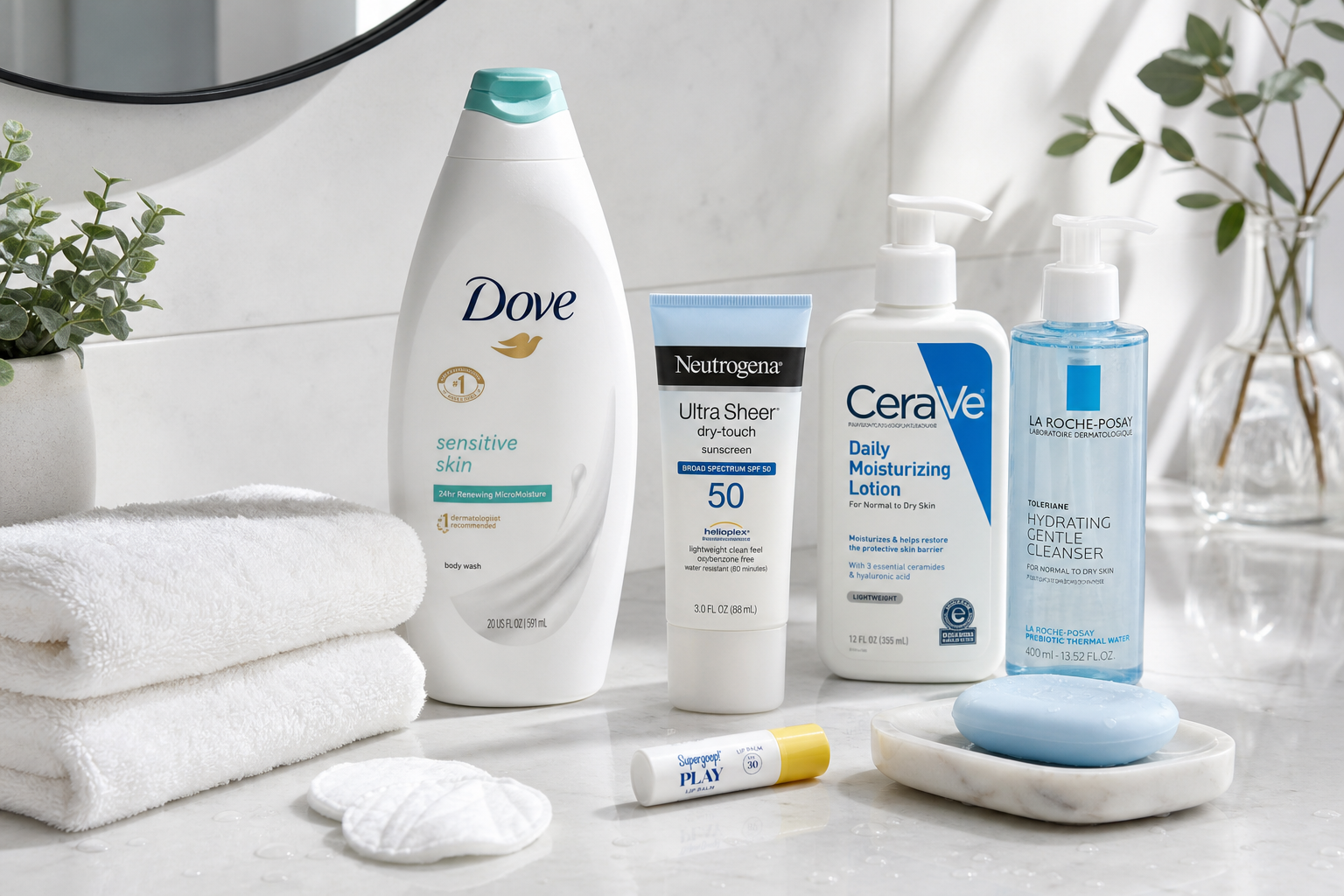 how to use dove sensitive skin body wash routine products on a clean counter