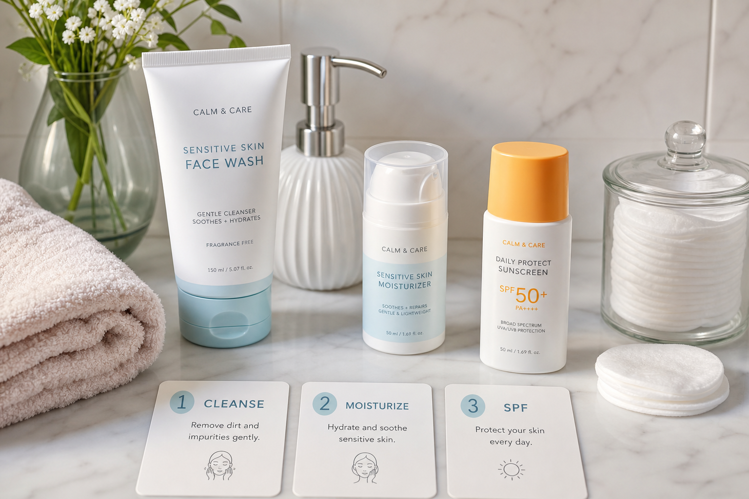 how to use sensitive skin face wash routine products on a clean counter
