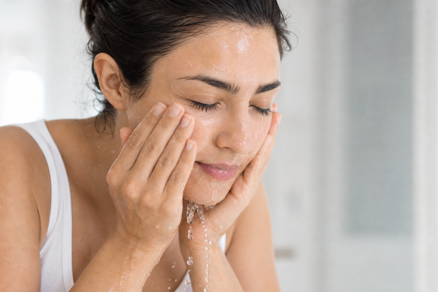 Person gently using sensitive skin face wash with fingertips