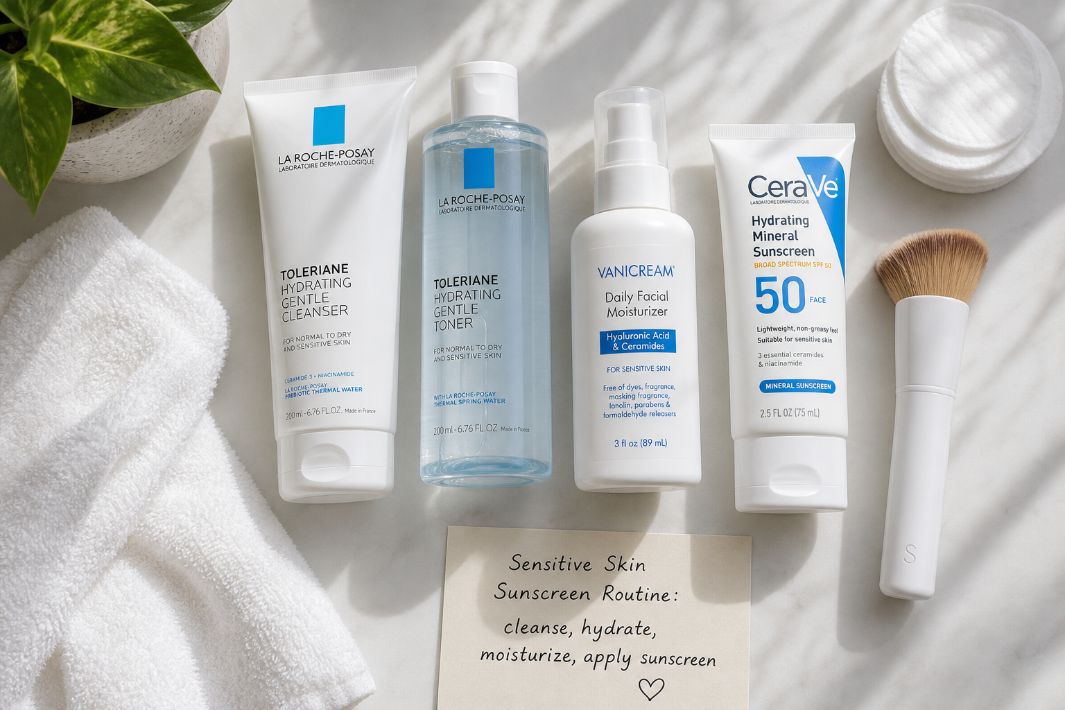 how to use sensitive skin routine products on a clean counter
