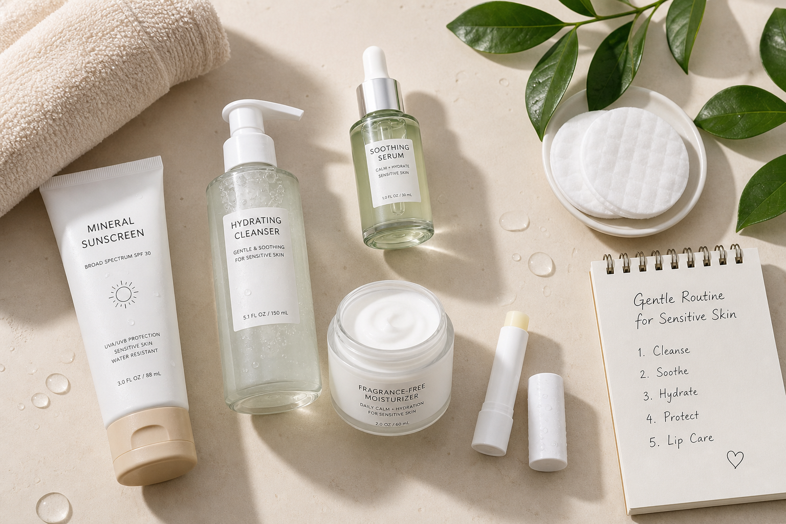 how to use sensitive skin routine products on a clean counter