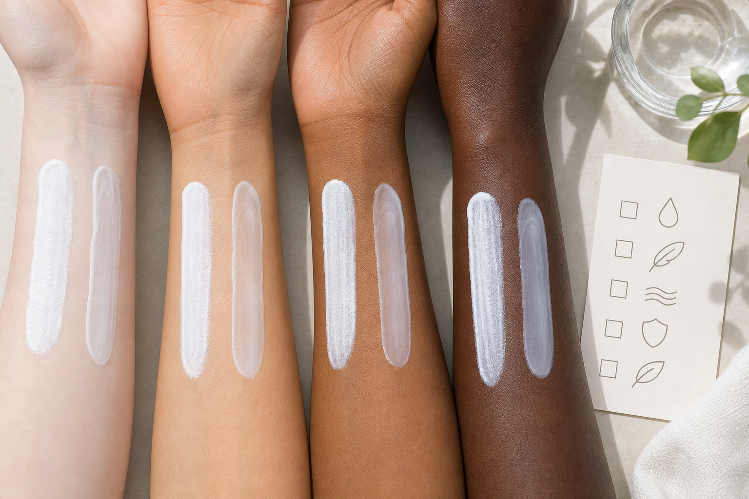 Mineral and chemical sunscreen texture comparison on different skin tones