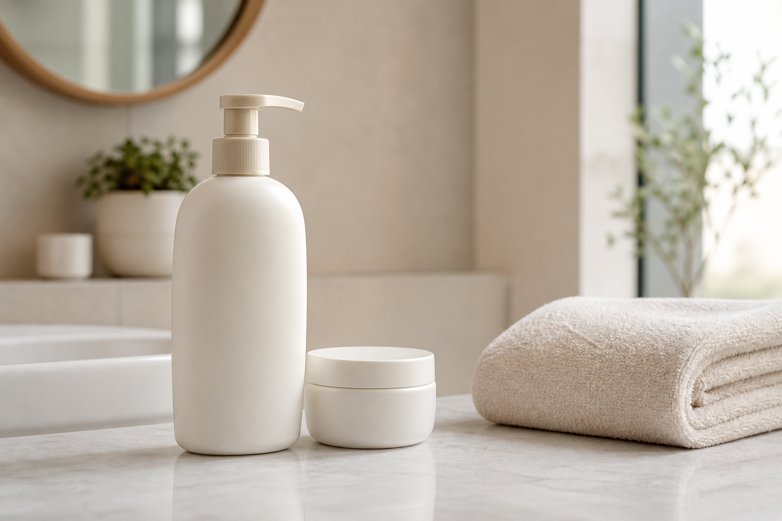 Fragrance-free sensitive skin body wash and moisturizer on a calm bathroom counter