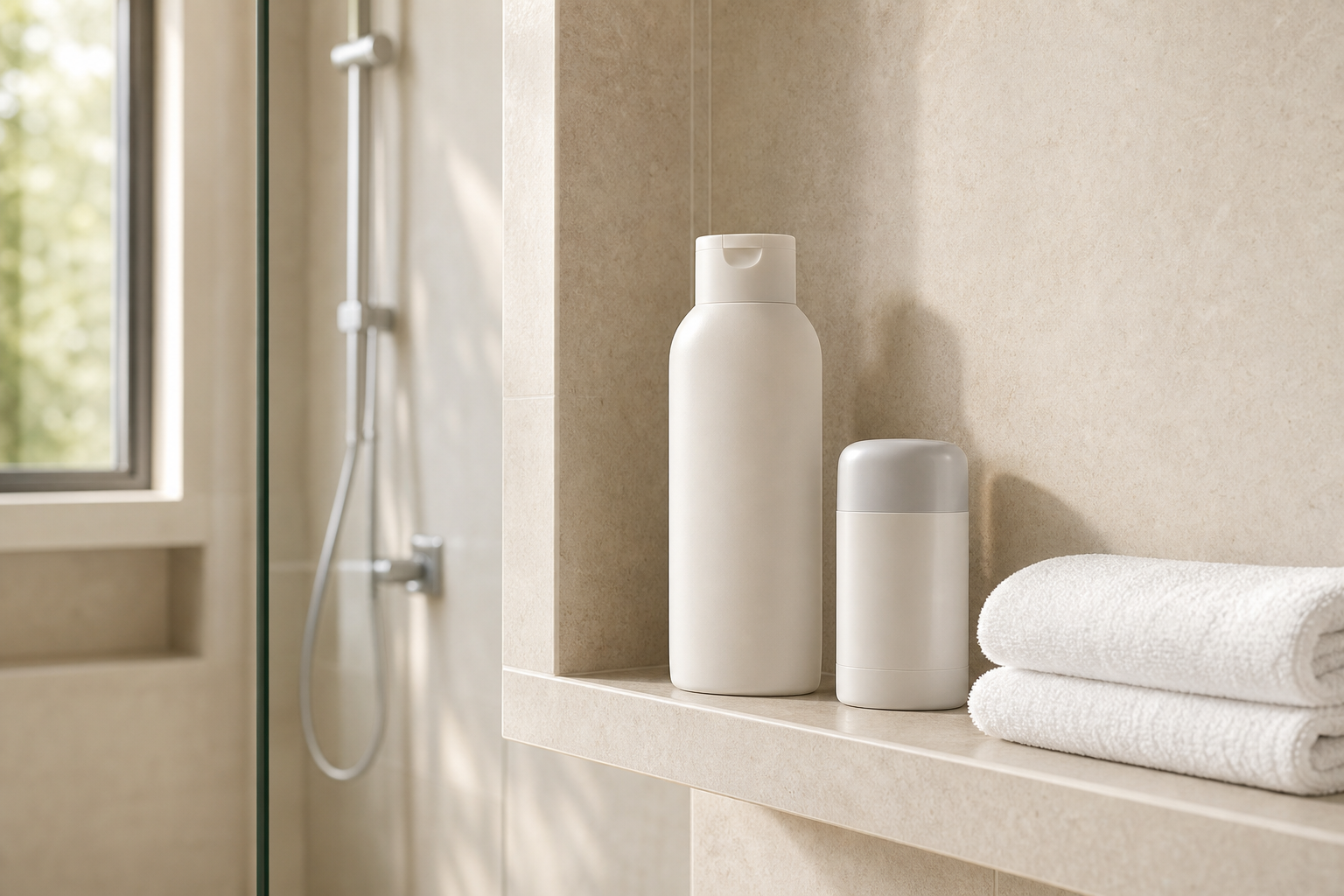 Sensitive skin body wash and deodorant on a bathroom shelf