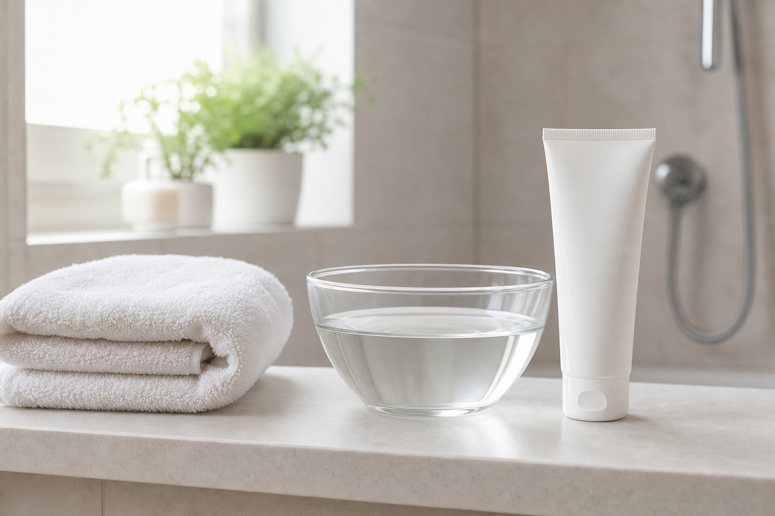 Sensitive skin hair removal aftercare with towel water and moisturizer