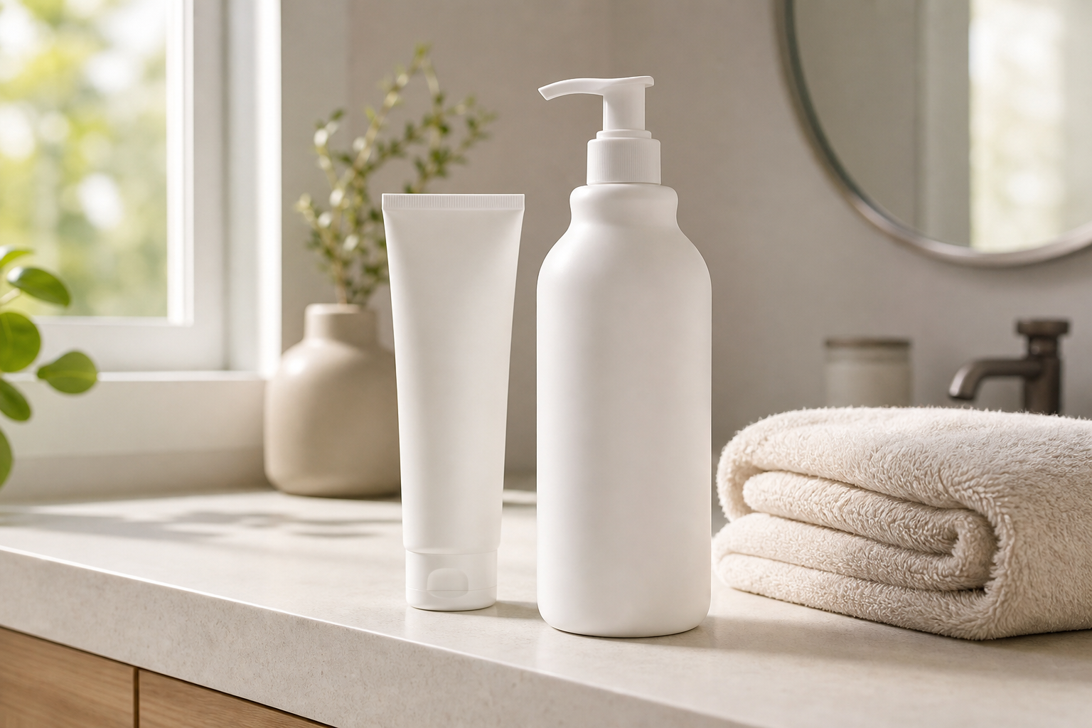 Fragrance-free sensitive skin lotion beside a gentle cleanser and soft towel on a bathroom counter