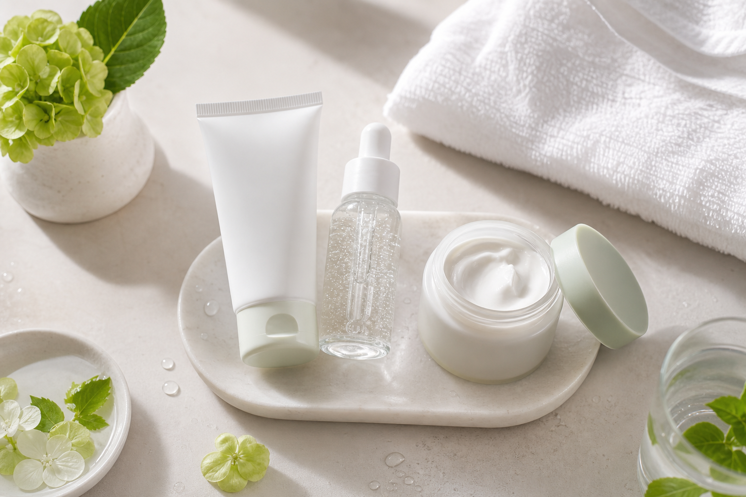 sensitive skin moisturizer routine products on a clean counter