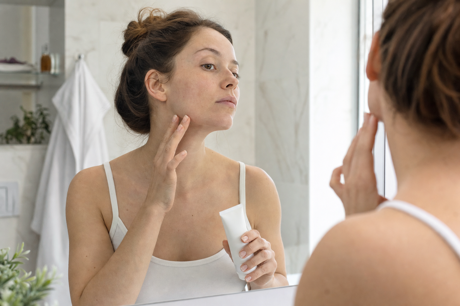 Person patch testing a skincare product along the jawline