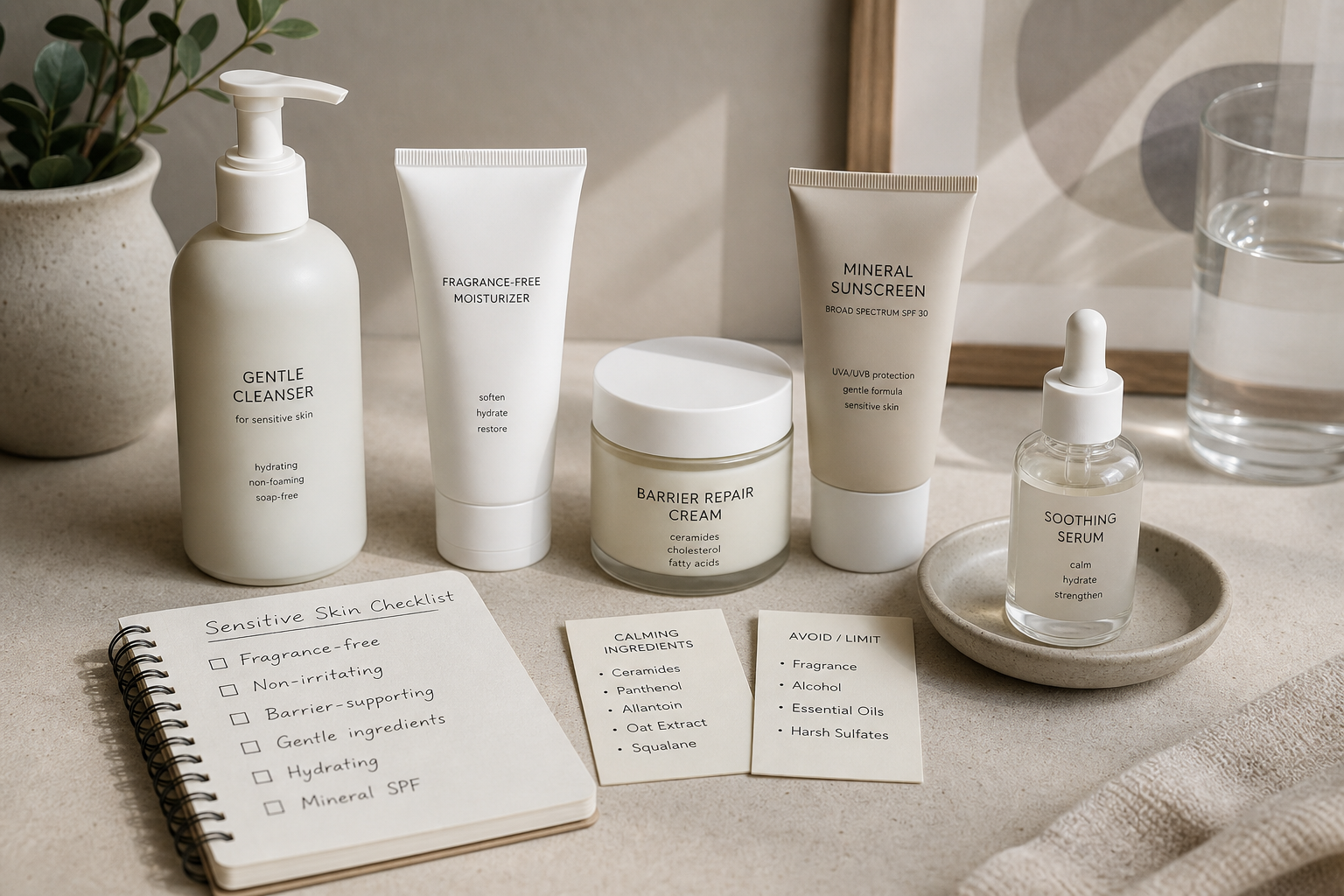 Sensitive skin product comparison with checklist for fragrance-free barrier support