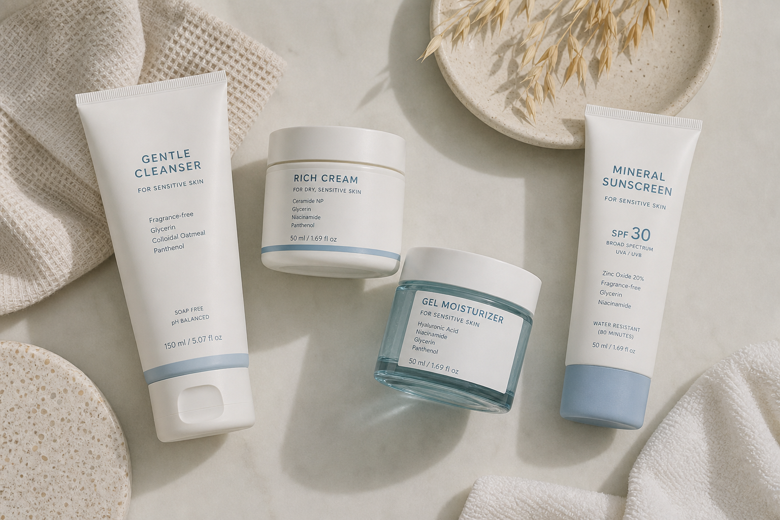 Sensitive skin product comparison with cleanser moisturizer and sunscreen