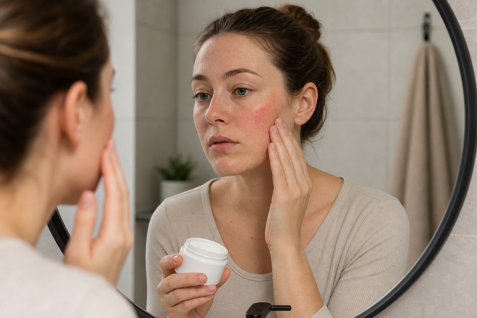 Person with mild sensitive skin redness checking cheeks in mirror