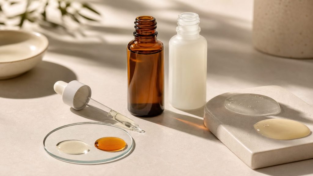 What beginners get wrong about skincare ingredients, illustrated with serum textures, protective packaging, and vitamin C oxidation.