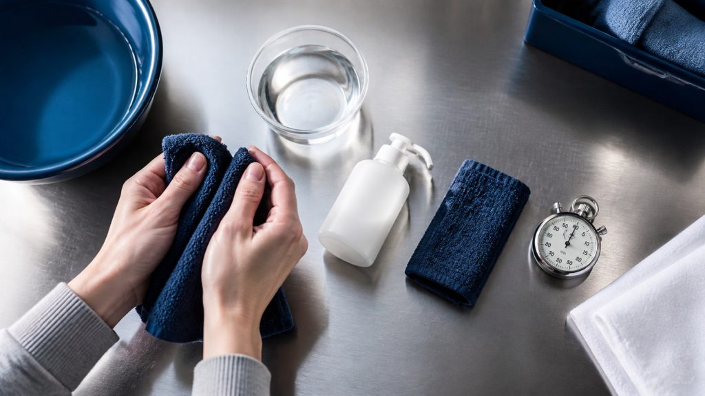Holding a navy towel in stainless steel work surface for check skin type