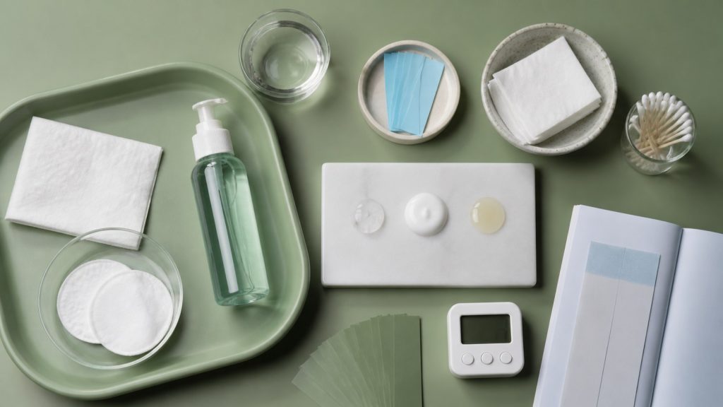 Products and applicators arranged in skincare product flat lay for daily routine glowing skin