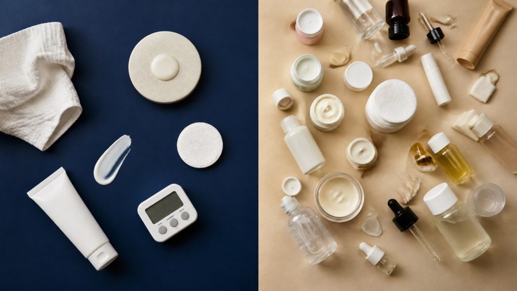 Skincare products arranged on surfaces in split skincare flat lay for daily skin care routine