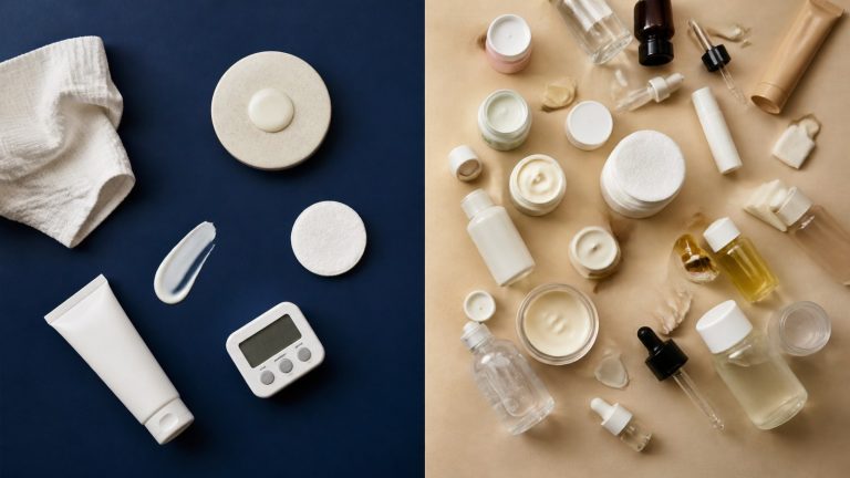 Skincare products arranged on surfaces in split skincare flat lay for daily skin care routine