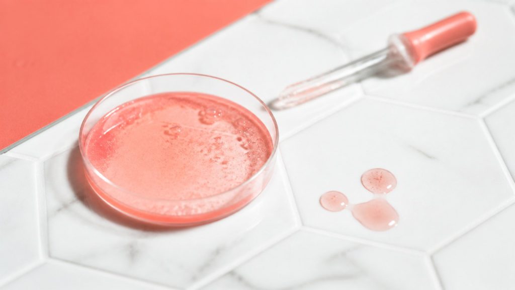Pink liquid displayed with dropper in white marble tile surface for daily skin care routine for glowing skin