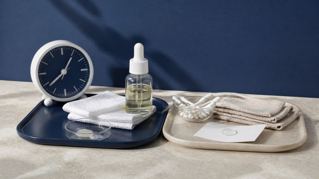 Displaying skincare supplies in tabletop skincare arrangement for daily skincare routine for glowing skin
