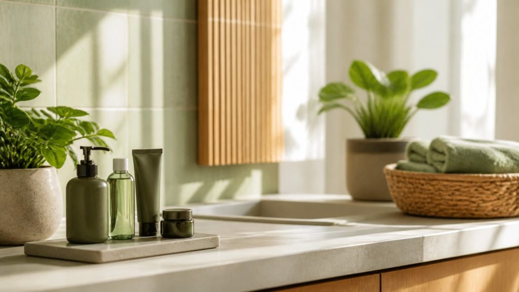 Toiletries arranged beside sink in sunlit bathroom counter for daily skincare routine for oily skin