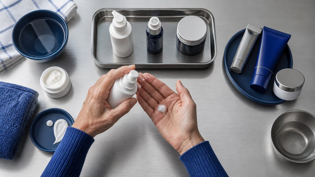 Dispensing lotion into palm in skincare workspace for daily skincare routine for women over 40