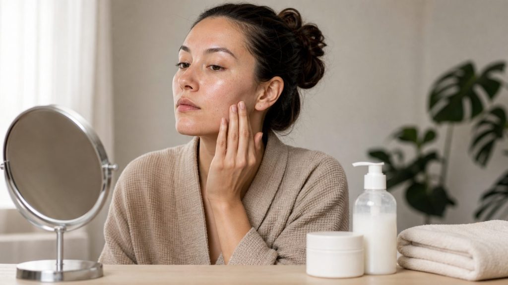 Adult assessing a dry skin type with flaky cheeks and a shiny T-zone before adjusting a gentle skincare routine