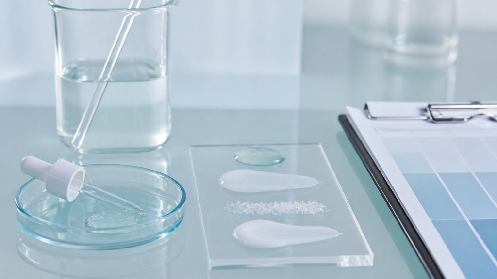 Testing liquid and cream samples in laboratory workbench for exfoliation skin barrier repair